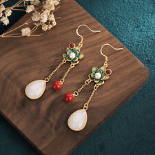 Chinese Style Palace Vintage Hetian Jade Cloisonné Earrings Women Retro Jewelry