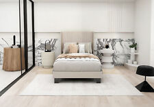 Minimalist Upholstered platform bed Velvet headboard Wood slat support Twin size - New Windsor - US