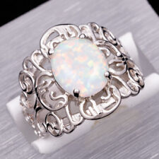 10x12 White Fire Opal Cabochon Silver Jewelry Wide Cocktail Ring Size 7 8 9 10