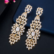 Luxurious Long Leaf Dangle Drop Earrings Yellow Gold Plated Cubic Zircon Jewelry