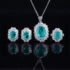 3pcs Set Paraiba Blue Tourmaline Gems Women Jewelry Set Necklaces Earrings Rings