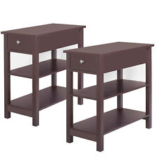 2 Pieces Wood MDF Frame End Table W/ Drawer Brown Finish Simple Style Furniture - Memphis - US