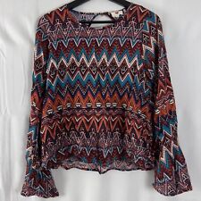 One Clothing Size L Keyhole Bell Sleeve Geometric Blouse Round Neck Top