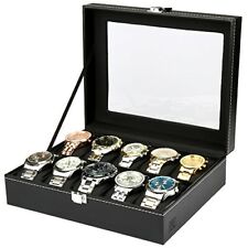 10 Watches Jewellery Display Storage Box Faux Leather w/Glass Lid For Men Women