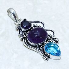 African Amethyst, Blue Topaz Gemstone Silver Jewelry Pendant 2.2 PRJ14505"