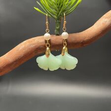 14K Gold Jade Pearl Ginkgo Style Dangle Woman's Earring Trendy Ear Jewelry Gift