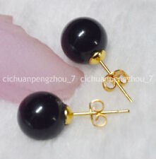 Natural 10mm Black Agate Gemstone Round Beads Gold Stud Earrings