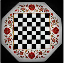 18'' White Marble Chess Table Top Pietra Dura Inlay Children Game Kids cv