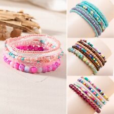 6Pcs Boho Women Multilayer Rainbow Beaded Elastic Bracelet Set Chain Jewelry Set