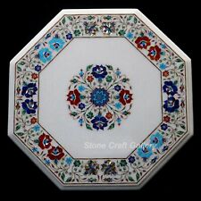 18 White Marble Side Table Top Semi Precious Stones Inlay Work Handmade"