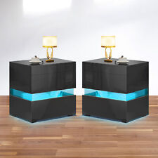 Nightstand with 2 Drawers & LED Lights High Gloss Modern Bedside Table End Table