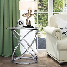 Glass Round End Table, Crossed Double Circle Frame Chrome Finish, Tempered Glass - Saint Augustine - US