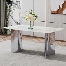 Modern Minimalist Dining Table - White Imitation Marble, Stainless Steel Legs - Ontario - US