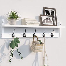 Wall-Mounted Wood Shelf with 5 Dual Hooks for Bathroom, Living Room, Bedroom (Wh - Toronto - Canada