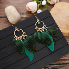 Fashion Green Brown Drop Earrings Ethnic Retro Feather Tassel Jewelry for Women