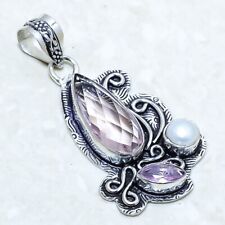 Kunzite Quartz, Pearl Gemstone Handmade Silver Jewelry Pendant 2.0 PRJ13042"