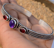 Purple Amethyst & Garnet Cut Gemstone Bracelet 925 Sterling Silver Jewelry Cuff