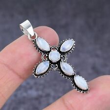 Rainbow Moonstone Gemstone Handmade 925 Sterling Silver Cross Pendant 1.81 c323"