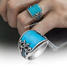 925 Sterling Silver Turkish Handmade Jewelry Turquoise Men's Ring All Size