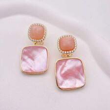 Square Faceted Pink Shell Aventurine Stud Earrings Drop Earrings Jewelry