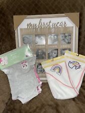 Newborn Baby Items- Lot 4 Items-First Year Frame- 5-Bodysuits-2 hooded towels-