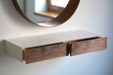 Minimalist white floating dressing table / vanity shelf with walnut drawers - Toronto - Canada