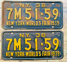Vintage New York 1938 Auto License Plate Set World's Fair Collector Wall Decor