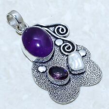 African Amethyst, Biwa Pearl Gemstone Silver Jewelry Pendant 2.2 PRJ10603"