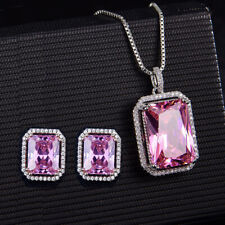 Hot Sale Women Girl Jewelry Pink Topaz Gemstone Silver Neckalce Pendant Earring