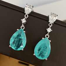 New Christmas Jewelry Paraiba Blue Tourmaline Gems Women Charm Silver Earrings