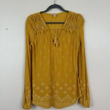 Lucky Brand Boho Printed Tie Popover Top Peasant Blouse Mustard Yellow Small