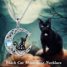 Fashion Moonstone Moon Black Cat Pendant Necklace Clavicle Chain Women Jewelry