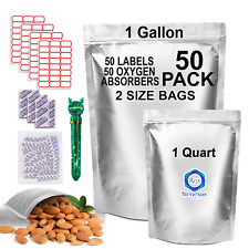 50 Pcs Mylar Bags for Food Storage With Oxygen Absorbers Resealable 9 Mil